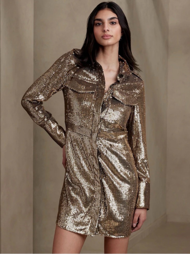 Banana Republic Gold Sequin Long Sleeve Shirt Dress